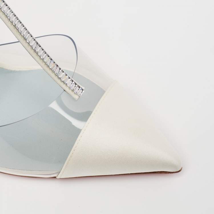 Pre Owned Christian Louboutin Ivory Satin and PVC Nosy T-Strap Pumps Size 38.5