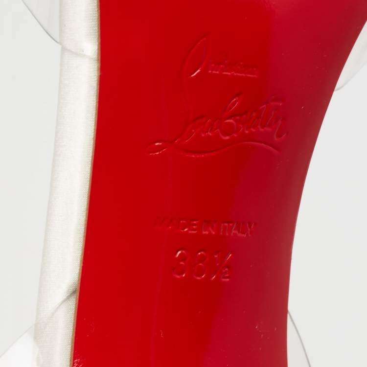 Pre Owned Christian Louboutin Ivory Satin and PVC Nosy T-Strap Pumps Size 38.5
