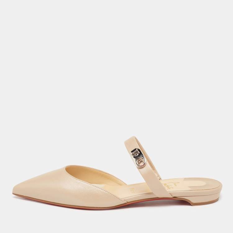 Pre Owned Christian Louboutin Beige Leather Choc Lock Flat Mules Size 39