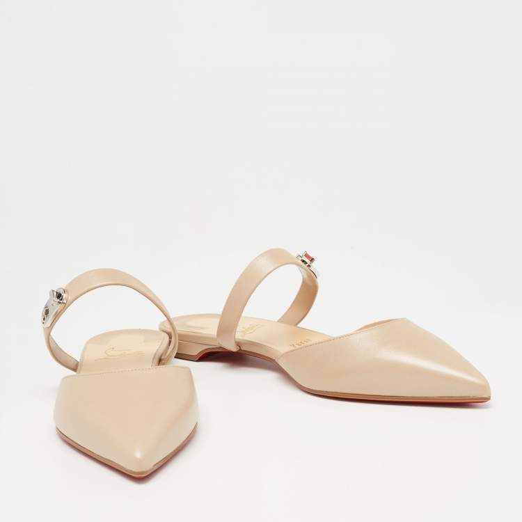 Pre Owned Christian Louboutin Beige Leather Choc Lock Flat Mules Size 39