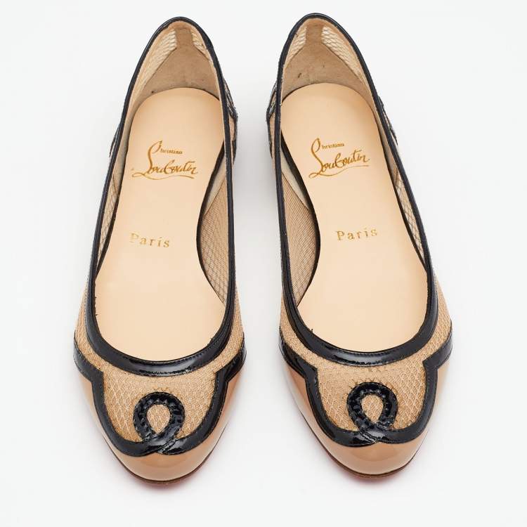 مملوكة مسبقًا Christian Louboutin Beige/Black Mesh And Patent Leather Lady Bombay Ballet Flats Size 36.5