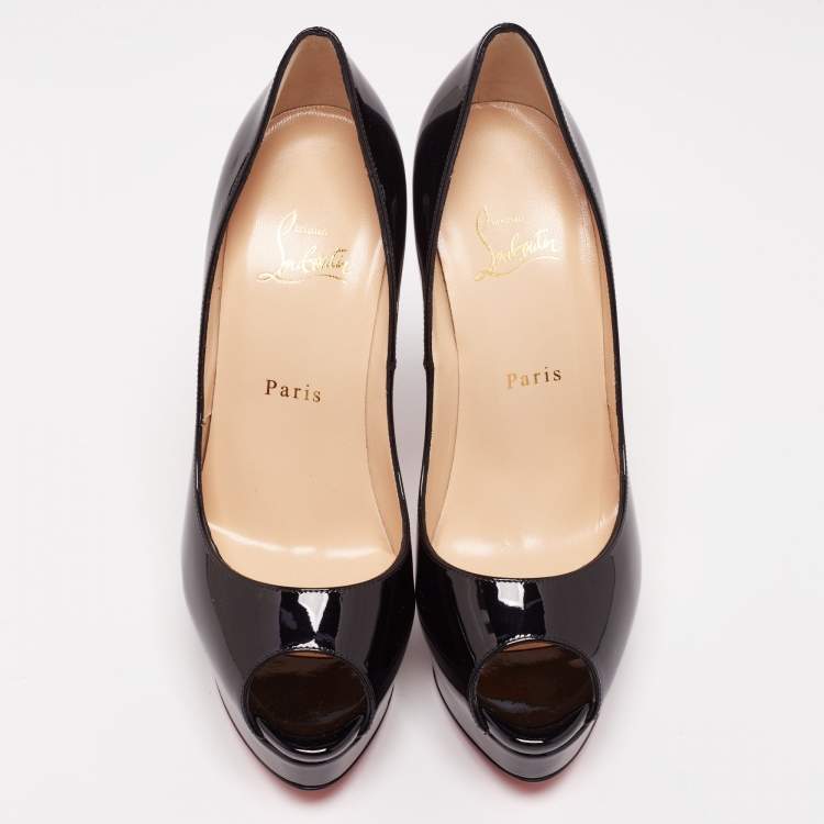 Pre Owned Christian Louboutin Black Patent Leather Lady Peep Platform Pumps Size 39