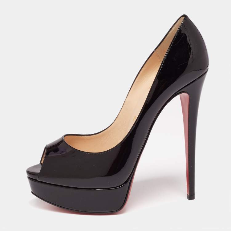 Pre Owned Christian Louboutin Black Patent Leather Lady Peep Platform Pumps Size 39