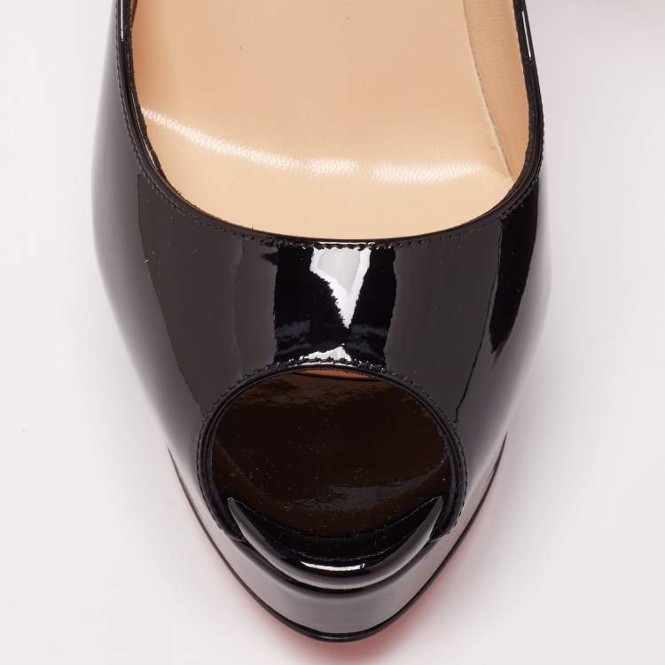 Pre Owned Christian Louboutin Black Patent Leather Lady Peep Platform Pumps Size 39