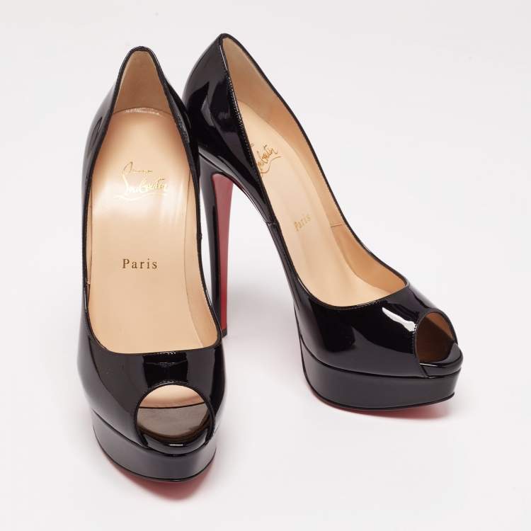 Pre Owned Christian Louboutin Black Patent Leather Lady Peep Platform Pumps Size 39