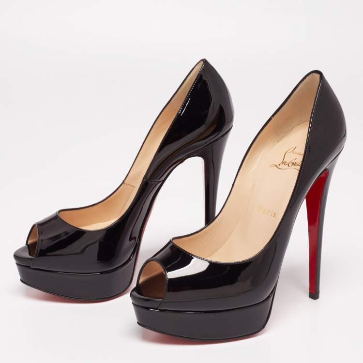 Pre Owned Christian Louboutin Black Patent Leather Lady Peep Platform Pumps Size 39