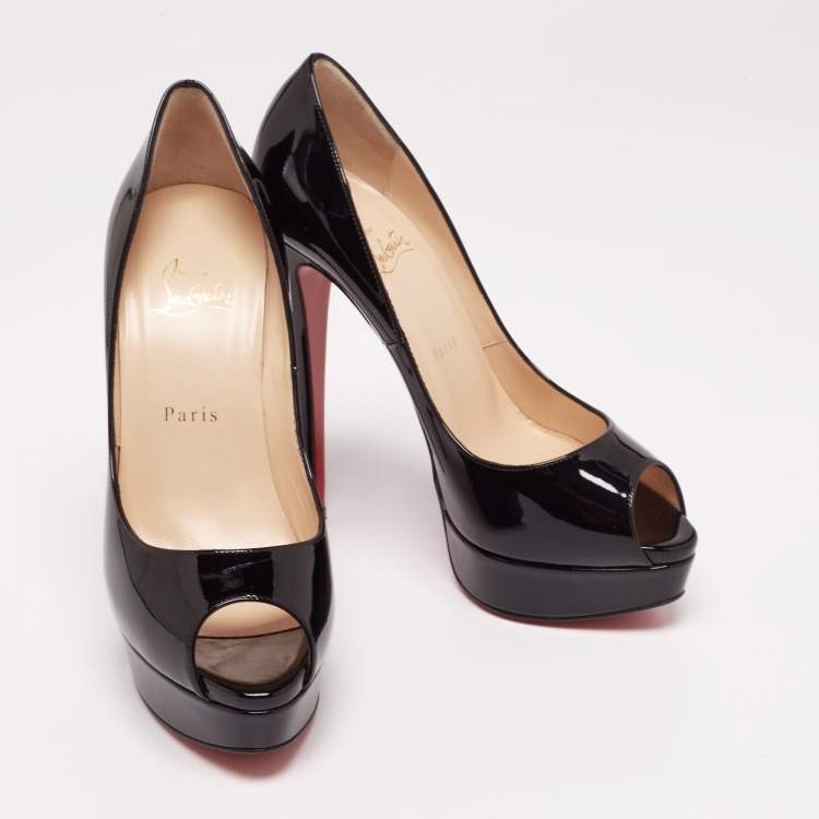 Pre Owned Christian Louboutin Black Patent Leather Lady Peep Platform Pumps Size 39