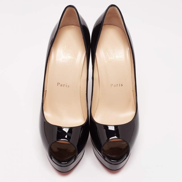 Pre Owned Christian Louboutin Black Patent Leather Lady Peep Platform Pumps Size 39