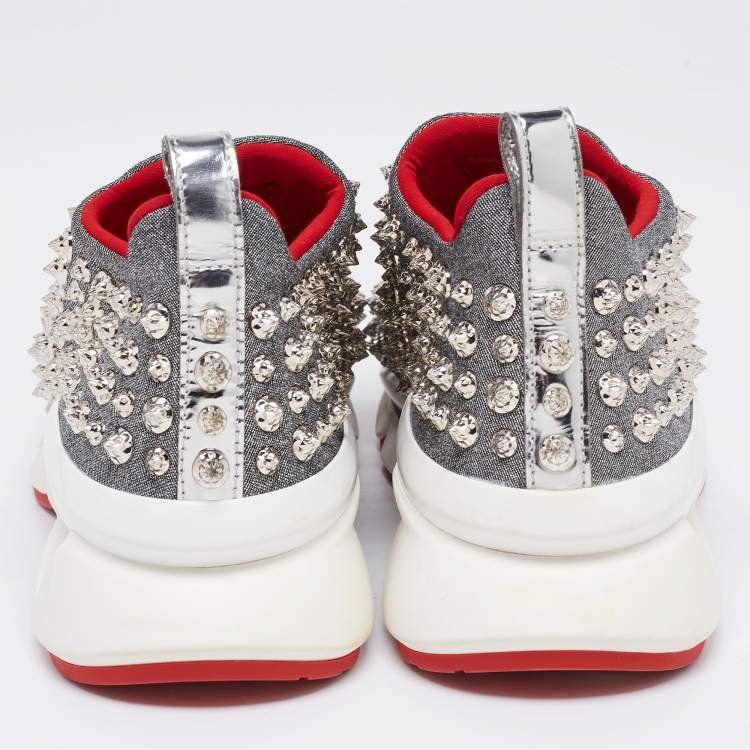Pre Owned Christian Louboutin Silver Neoprene Spike Sock Platform Slip On Sneakers Size 37.5
