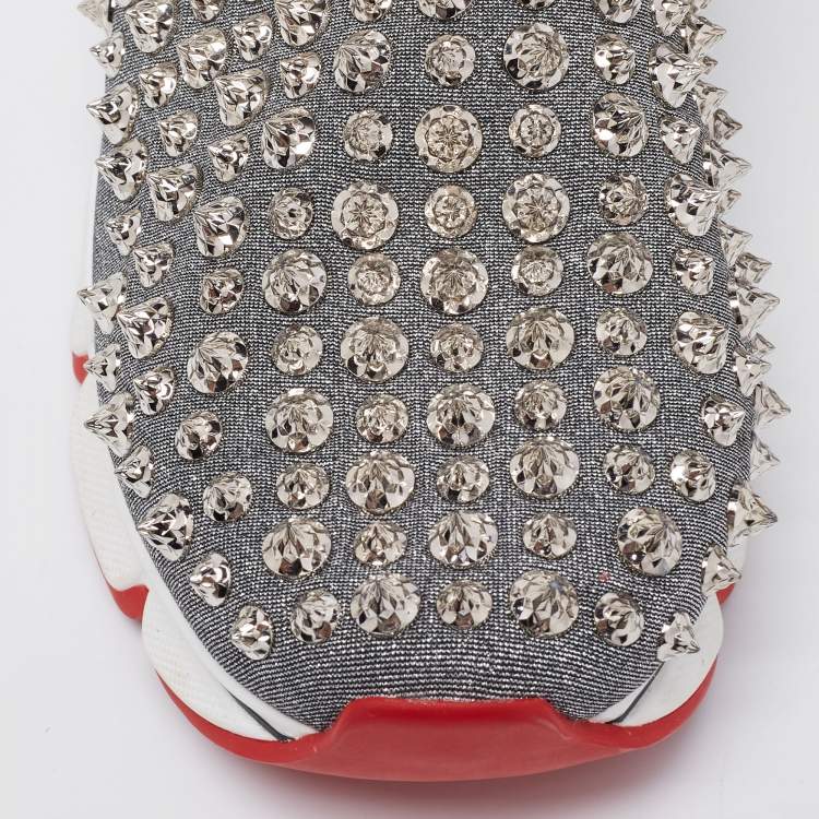 Pre Owned Christian Louboutin Silver Neoprene Spike Sock Platform Slip On Sneakers Size 37.5