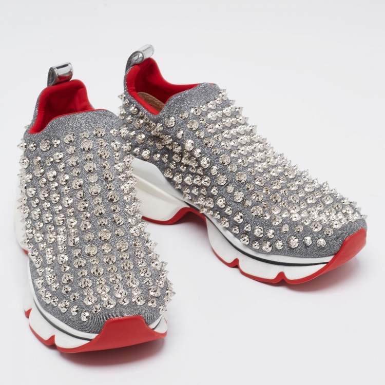 Pre Owned Christian Louboutin Silver Neoprene Spike Sock Platform Slip On Sneakers Size 37.5