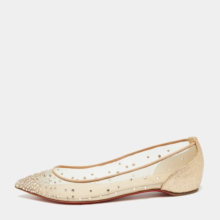 مملوكة مسبقًا Christian Louboutin Beige Mesh and Leather Body Strass Ballet Flats Size 35.5