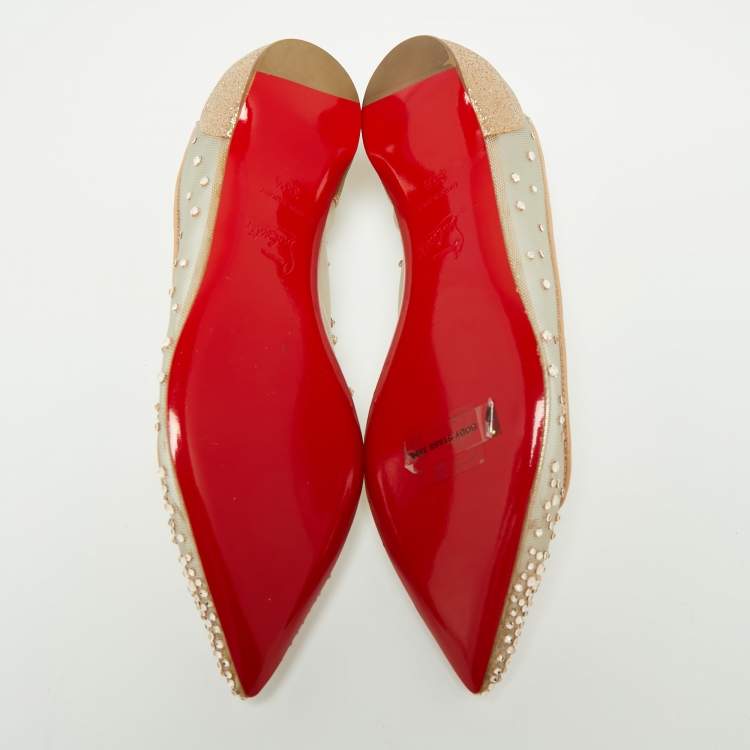 مملوكة مسبقًا Christian Louboutin Beige Mesh and Leather Body Strass Ballet Flats Size 35.5