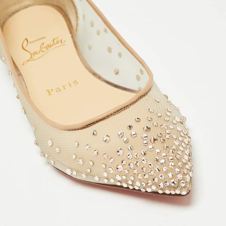 مملوكة مسبقًا Christian Louboutin Beige Mesh and Leather Body Strass Ballet Flats Size 35.5