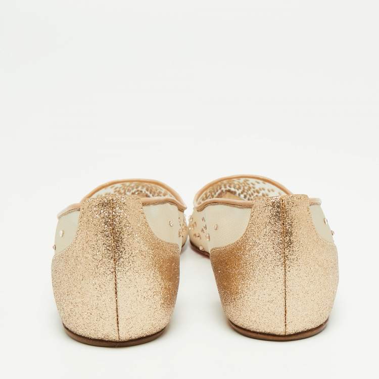مملوكة مسبقًا Christian Louboutin Beige Mesh and Leather Body Strass Ballet Flats Size 35.5