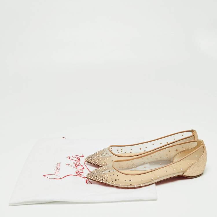 مملوكة مسبقًا Christian Louboutin Beige Mesh and Leather Body Strass Ballet Flats Size 35.5