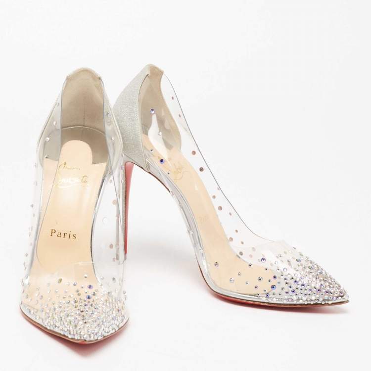 Pre Owned Christian Louboutin Silver Glitter and PVC Strass Degrastrassista Pointed-Toe Pumps Size 40.5