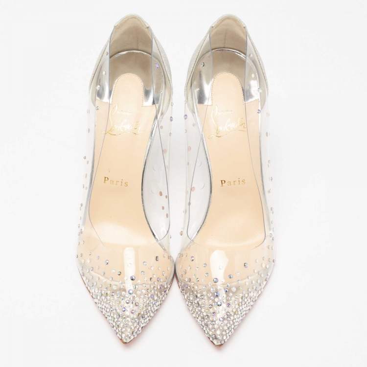 Pre Owned Christian Louboutin Silver Glitter and PVC Strass Degrastrassista Pointed-Toe Pumps Size 40.5