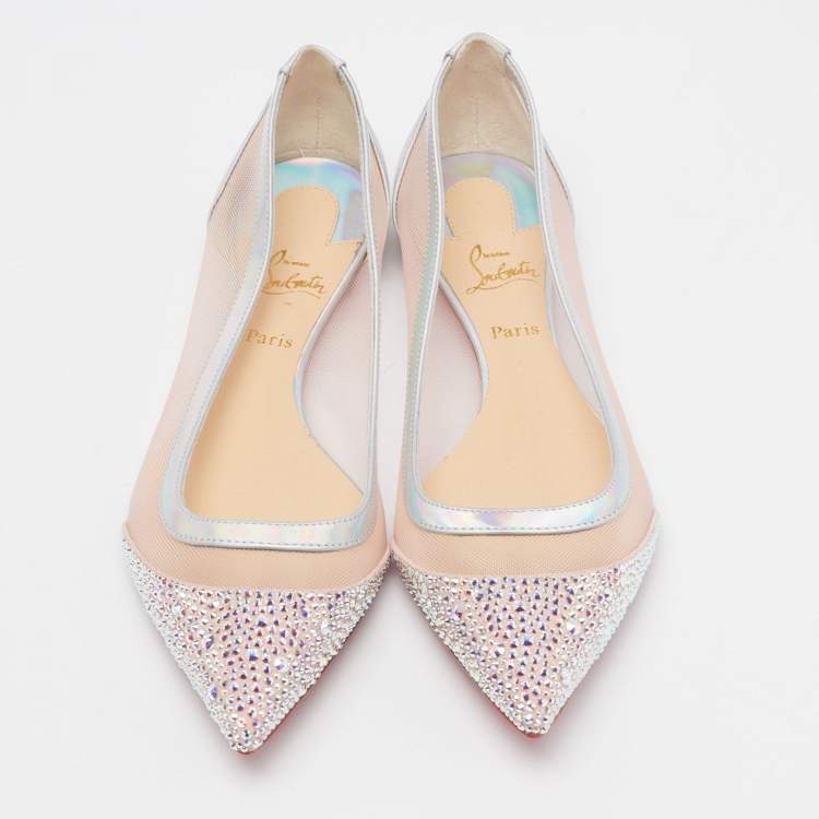 Pre Owned Christian Louboutin Light Pink Mesh, Iridescent Leather and Suede Galativi Strass Ballet Flats Size 35.5