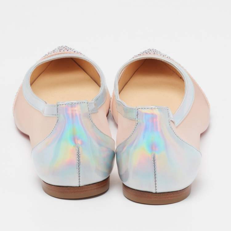 Pre Owned Christian Louboutin Light Pink Mesh, Iridescent Leather and Suede Galativi Strass Ballet Flats Size 35.5