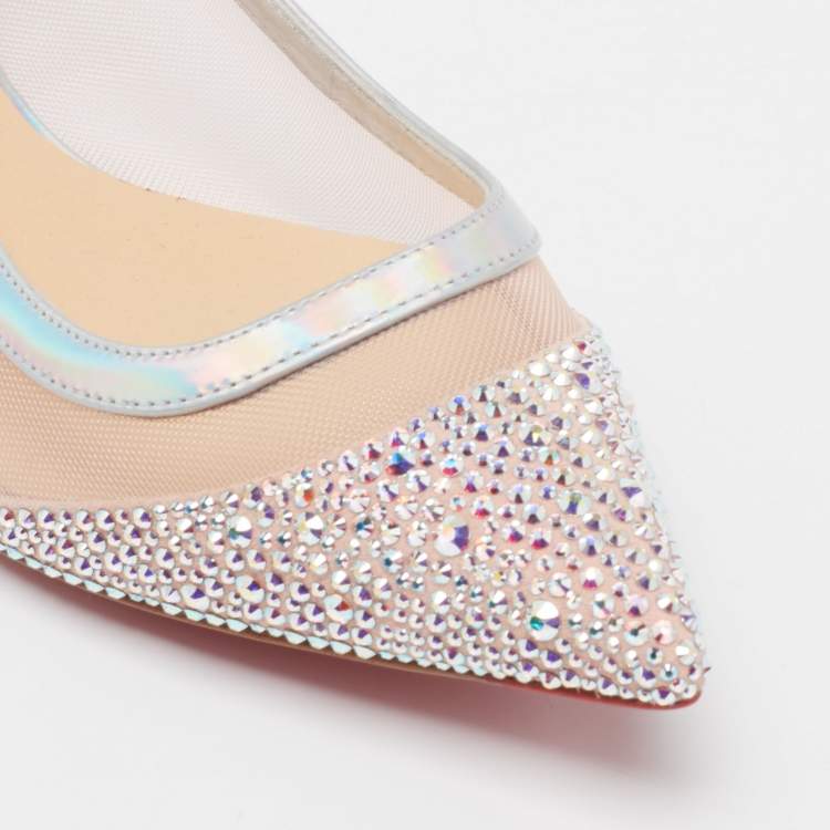 Pre Owned Christian Louboutin Light Pink Mesh, Iridescent Leather and Suede Galativi Strass Ballet Flats Size 35.5