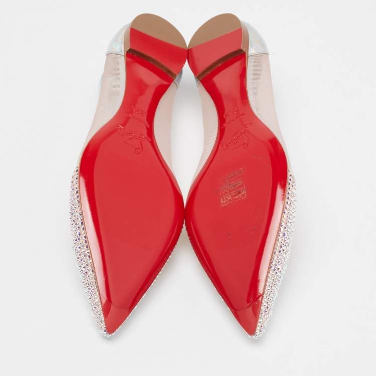 Pre Owned Christian Louboutin Light Pink Mesh, Iridescent Leather and Suede Galativi Strass Ballet Flats Size 35.5