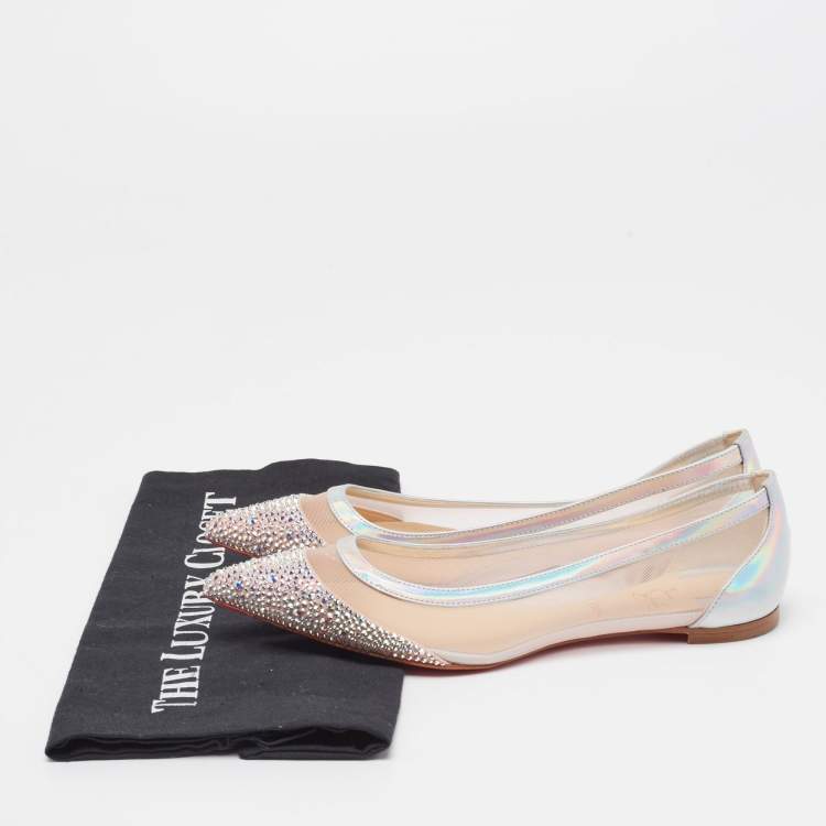 Pre Owned Christian Louboutin Light Pink Mesh, Iridescent Leather and Suede Galativi Strass Ballet Flats Size 35.5