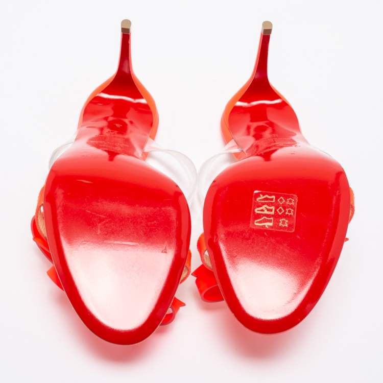 Pre Owned Christian Louboutin Neon Pink Leather and PVC Band Knot Just Nodo Slide Sandals Size 37