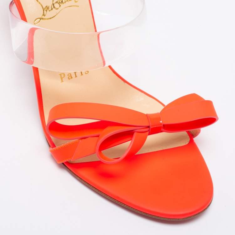 Pre Owned Christian Louboutin Neon Pink Leather and PVC Band Knot Just Nodo Slide Sandals Size 37