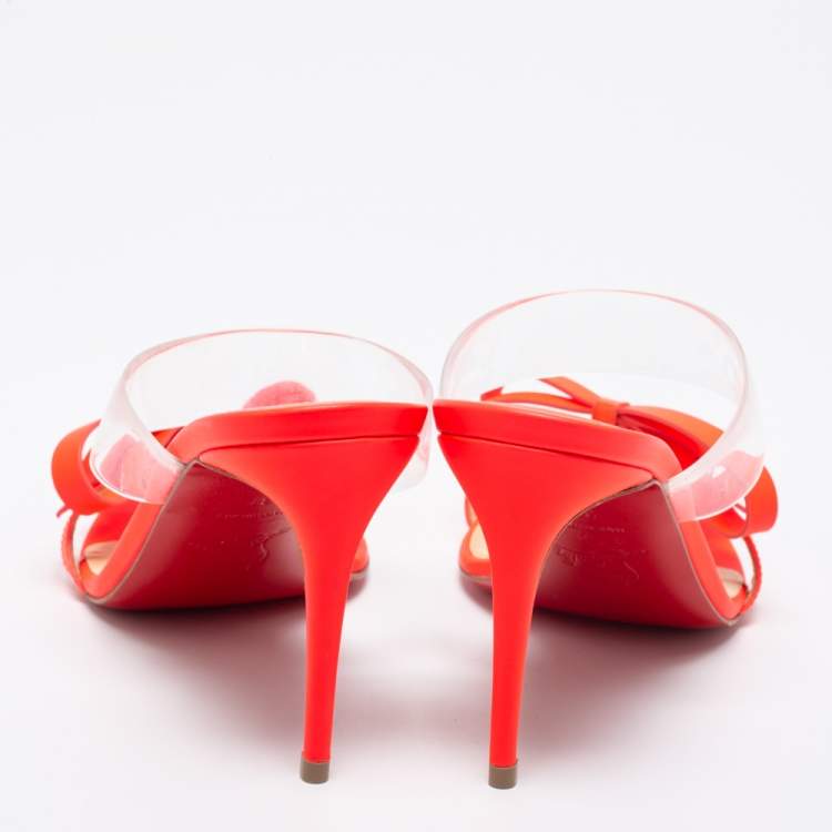 Pre Owned Christian Louboutin Neon Pink Leather and PVC Band Knot Just Nodo Slide Sandals Size 37