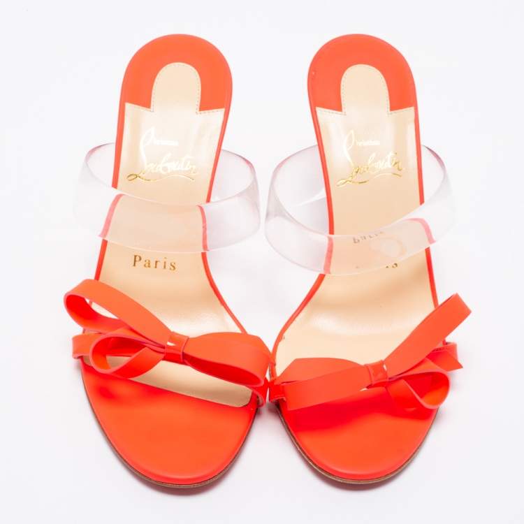 Pre Owned Christian Louboutin Neon Pink Leather and PVC Band Knot Just Nodo Slide Sandals Size 37