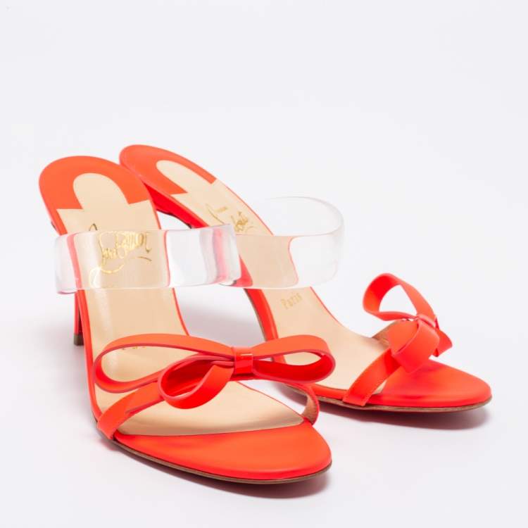 Pre Owned Christian Louboutin Neon Pink Leather and PVC Band Knot Just Nodo Slide Sandals Size 37