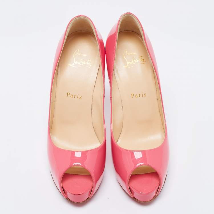 Pre Owned Christian Louboutin Pink Patent Leather New Very Prive Peep-Toe Pumps Size 37.5