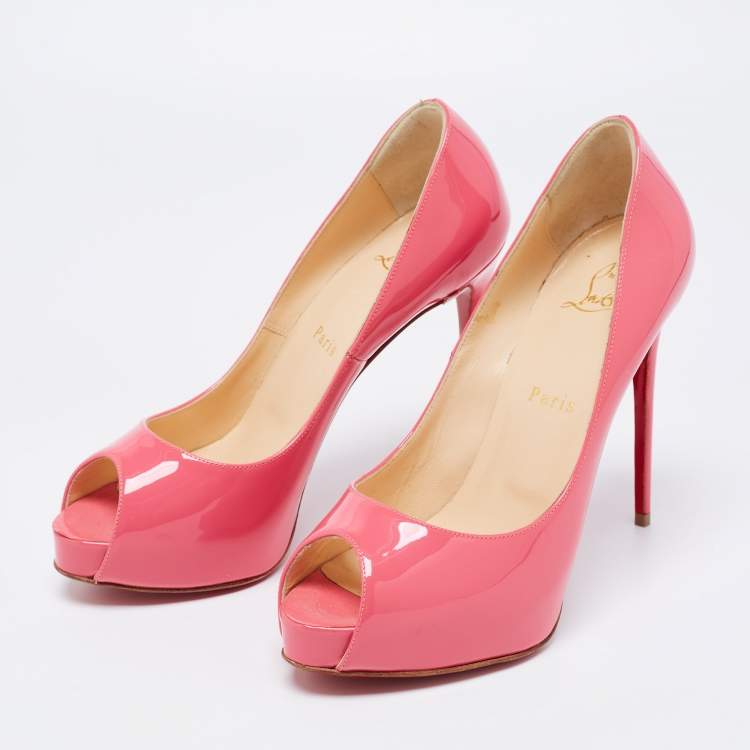 Pre Owned Christian Louboutin Pink Patent Leather New Very Prive Peep-Toe Pumps Size 37.5