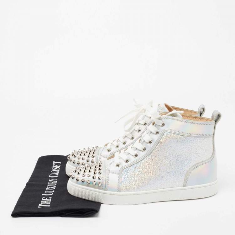 Pre Owned Christian Louboutin Silver Iridescent Effect Leather Lou Spikes Sneakers Size 37