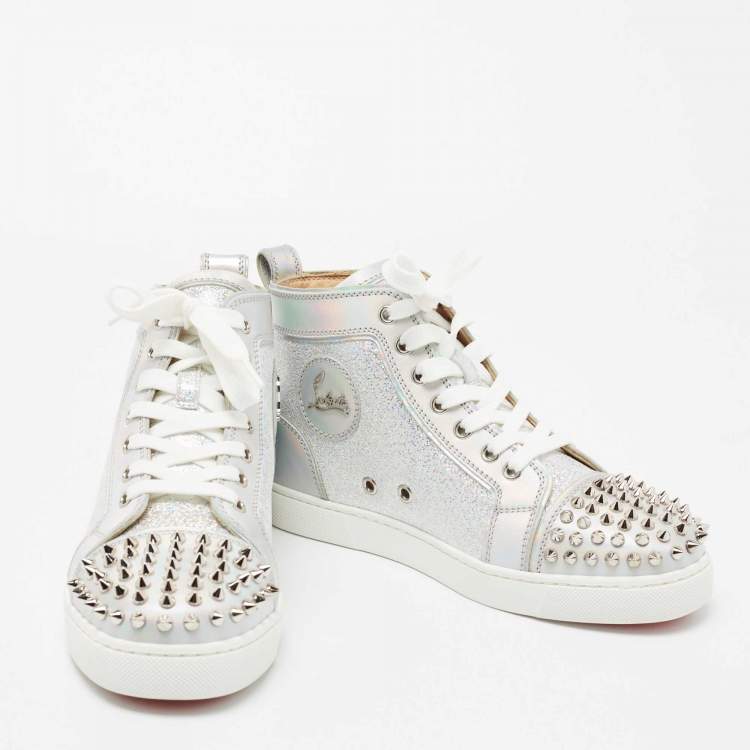 Pre Owned Christian Louboutin Silver Iridescent Effect Leather Lou Spikes Sneakers Size 37