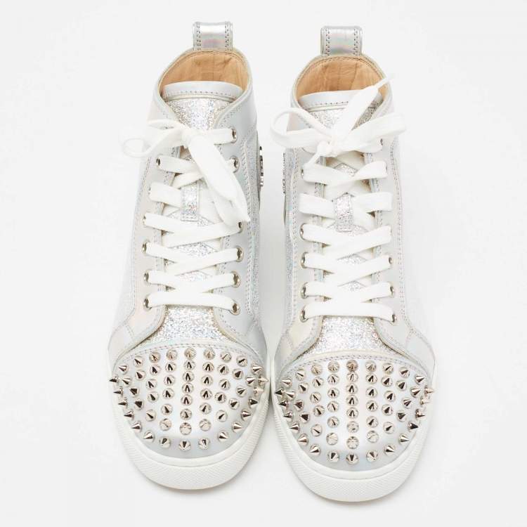 Pre Owned Christian Louboutin Silver Iridescent Effect Leather Lou Spikes Sneakers Size 37
