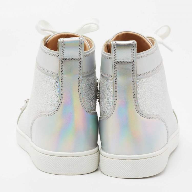 Pre Owned Christian Louboutin Silver Iridescent Effect Leather Lou Spikes Sneakers Size 37