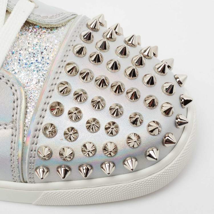 Pre Owned Christian Louboutin Silver Iridescent Effect Leather Lou Spikes Sneakers Size 37