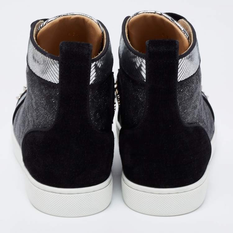 Pre Owned Christian Louboutin Black/Silver Nubuck And Leather Spikes High Top Sneakers Size 37.5