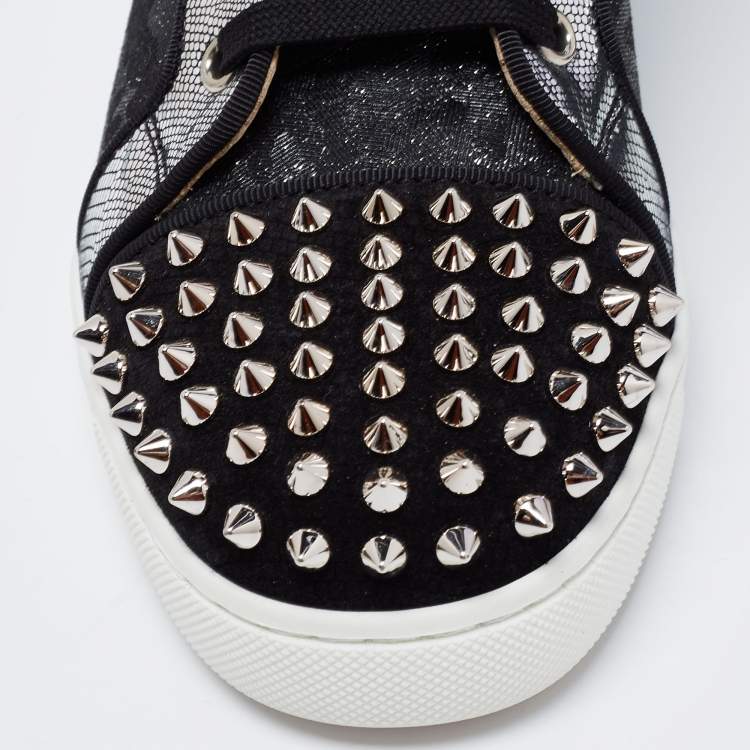 Pre Owned Christian Louboutin Black/Silver Nubuck And Leather Spikes High Top Sneakers Size 37.5