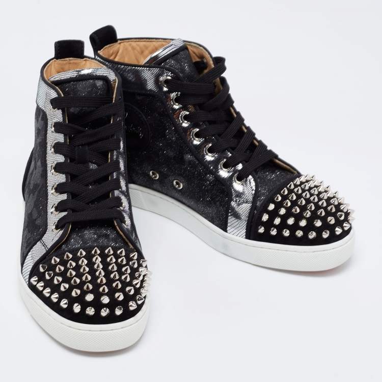 Pre Owned Christian Louboutin Black/Silver Nubuck And Leather Spikes High Top Sneakers Size 37.5