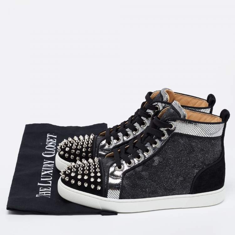 Pre Owned Christian Louboutin Black/Silver Nubuck And Leather Spikes High Top Sneakers Size 37.5