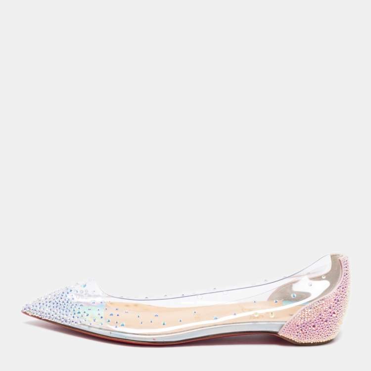 Pre Owned Christian Louboutin Pink Crystal Embellished Suede and PVC Degrassita Ballet Flats Size 37