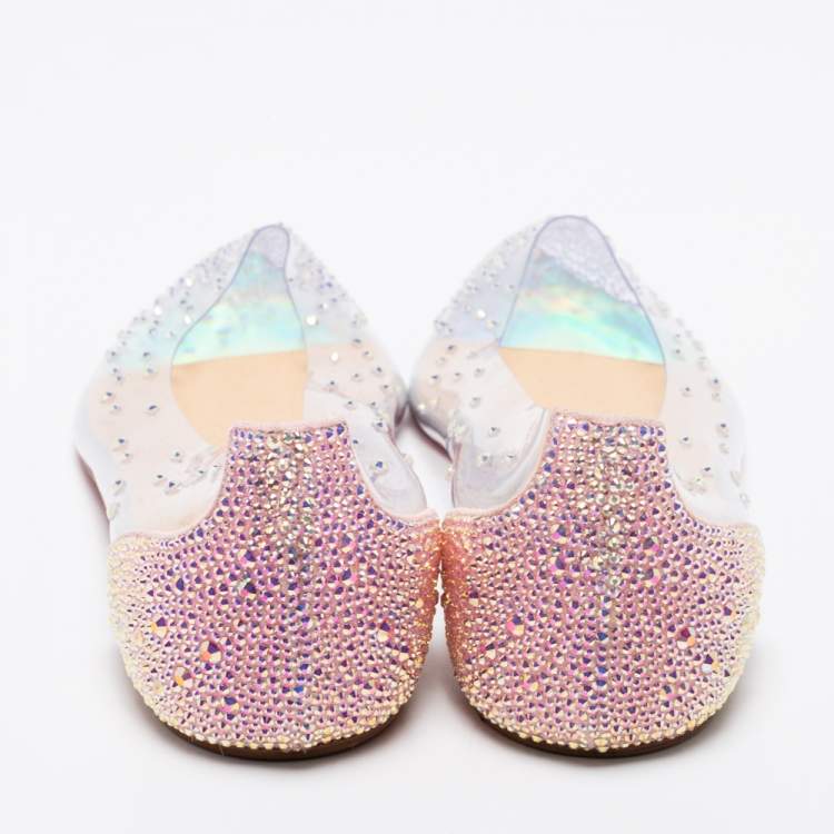 Pre Owned Christian Louboutin Pink Crystal Embellished Suede and PVC Degrassita Ballet Flats Size 37