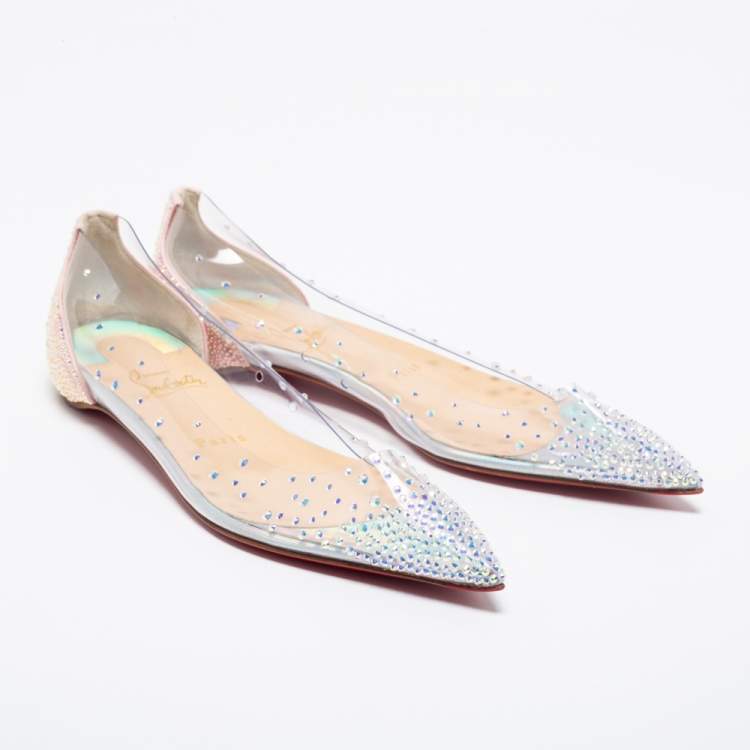 Pre Owned Christian Louboutin Pink Crystal Embellished Suede and PVC Degrassita Ballet Flats Size 37