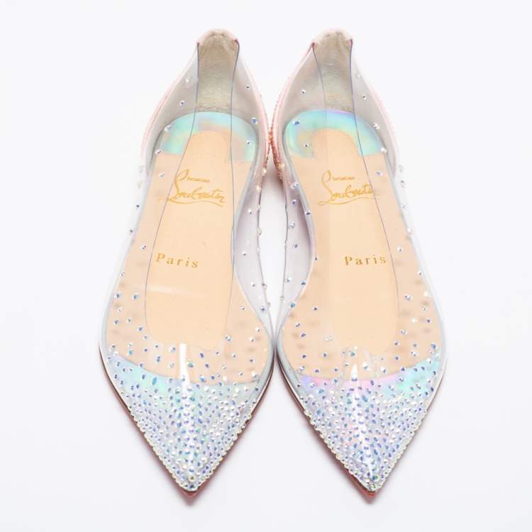 Pre Owned Christian Louboutin Pink Crystal Embellished Suede and PVC Degrassita Ballet Flats Size 37