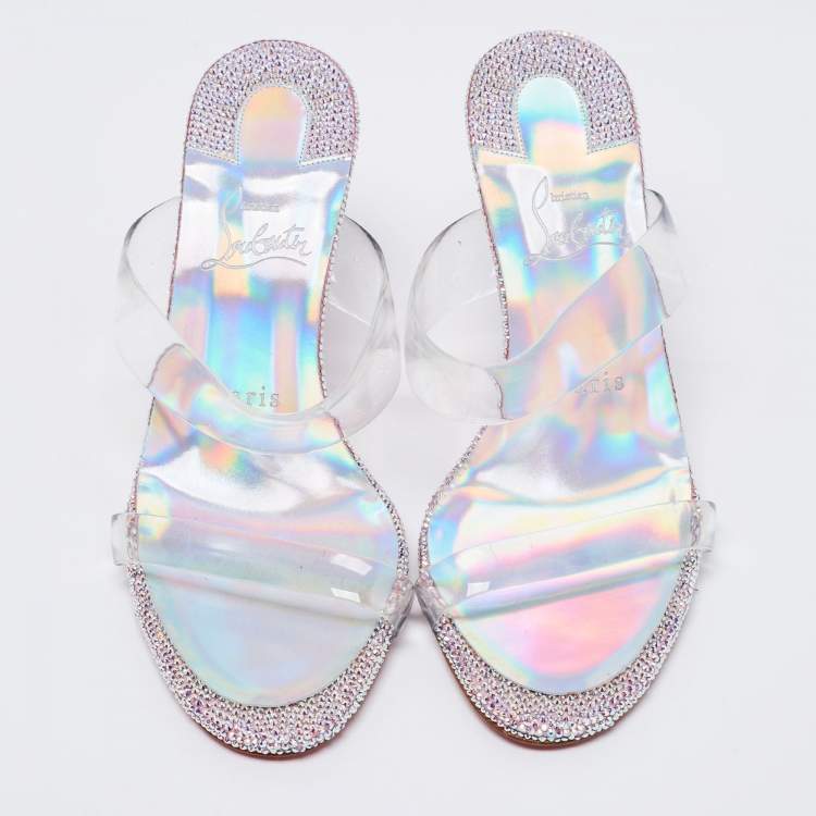 Pre Owned Christian Louboutin Silver/Transparent PVC Just Strass Slide Sandals Size 36.5