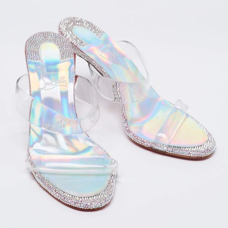 Pre Owned Christian Louboutin Silver/Transparent PVC Just Strass Slide Sandals Size 36.5