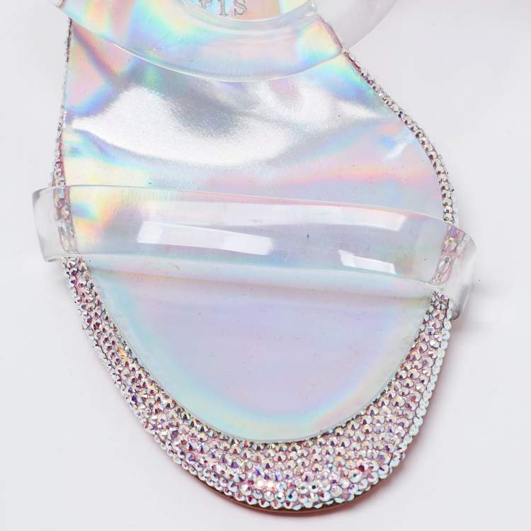 Pre Owned Christian Louboutin Silver/Transparent PVC Just Strass Slide Sandals Size 36.5